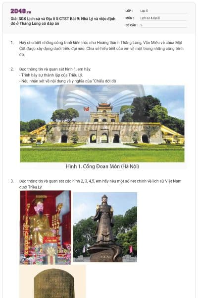 Giải SGK Lịch sử và Địa lí 5 CTST Bài 9: Nhà Lý và việc định đô ở Thăng Long có đáp án