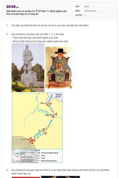 Giải SGK Lịch sử và Địa lí 5 CTST Bài 11: Khởi nghĩa Lam Sơn và triều Hậu Lê có đáp án