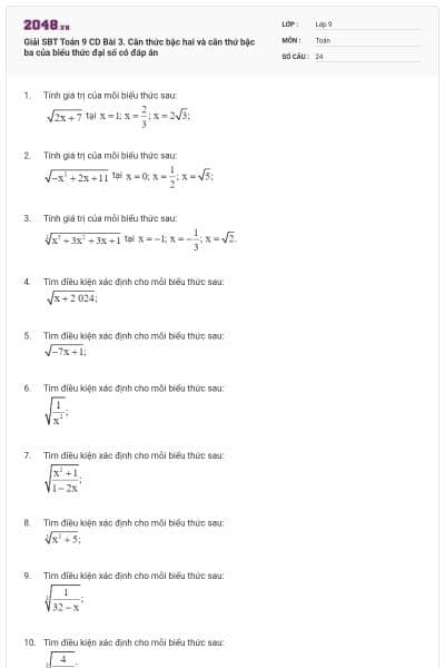Giải SBT Toán 9 CD Bài 3. Căn thức bậc hai và căn thứ bậc ba của biểu thức đại số có đáp án