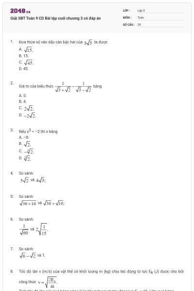 Giải SBT Toán 9 CD Bài tập cuối chương 3 có đáp án
