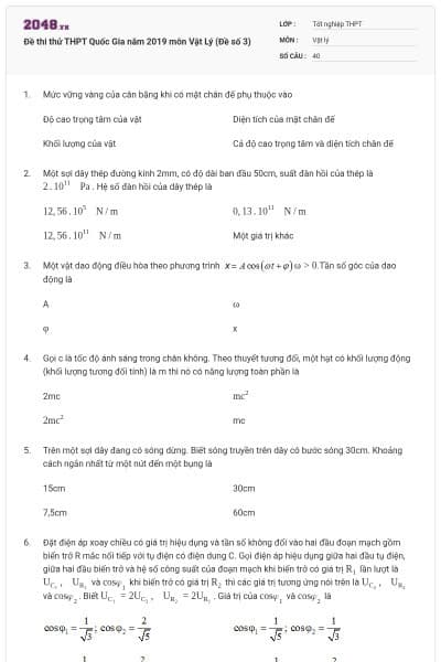 Đề thi thử THPT Quốc Gia năm 2019 môn Vật Lý (Đề số 3)