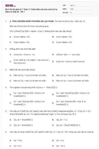 Bộ 5 đề thi giữa kì 1 Toán 11 Cánh diều cấu trúc mới (có tự luận) có đáp án - Đề 1