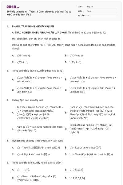 Bộ 5 đề thi giữa kì 1 Toán 11 Cánh diều cấu trúc mới (có tự luận) có đáp án - Đề 2