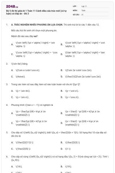 Bộ 5 đề thi giữa kì 1 Toán 11 Cánh diều cấu trúc mới (có tự luận) có đáp án - Đề 3