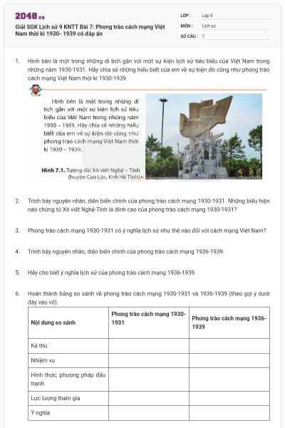 Giải SGK Lịch sử 9 KNTT Bài 7: Phong trào cách mạng Việt Nam thời kì 1930- 1939 có đáp án