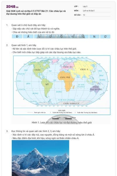 Giải SGK Lịch sử và Địa lí 5 CTST Bài 21: Các châu lục và đại dương trên thế giới có đáp án
