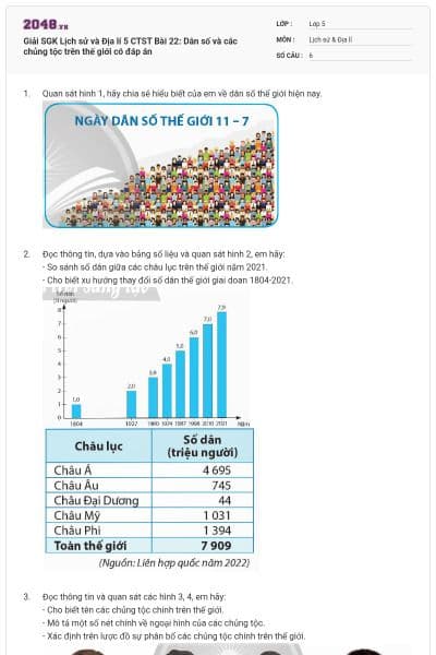 Giải SGK Lịch sử và Địa lí 5 CTST Bài 22: Dân số và các chủng tộc trên thế giới có đáp án