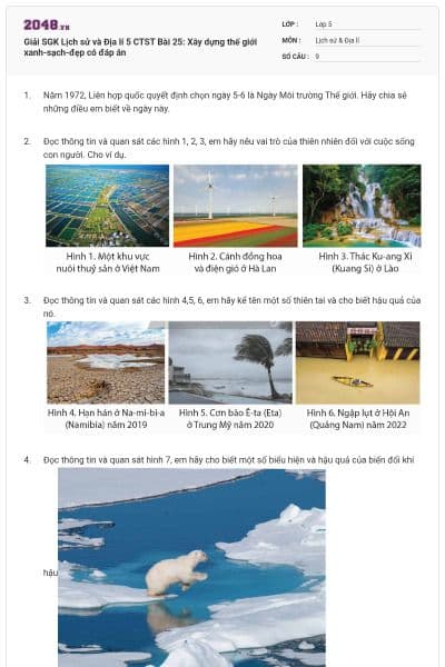 Giải SGK Lịch sử và Địa lí 5 CTST Bài 25: Xây dựng thế giới xanh-sạch-đẹp có đáp án