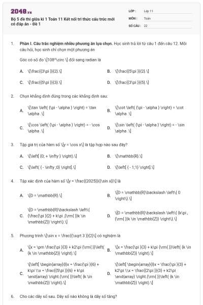 Bộ 5 đề thi giữa kì 1 Toán 11 Kết nối tri thức cấu trúc mới có đáp án - Đề 1