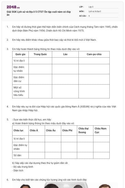 Giải SGK Lịch sử và Địa lí 5 CTST Ôn tập cuối năm có đáp án
