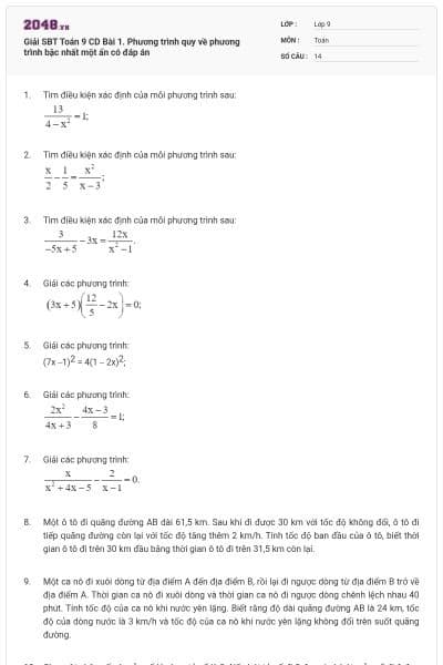Giải SBT Toán 9 CD Bài 1. Phương trình quy về phương trình bậc nhất một ẩn có đáp án