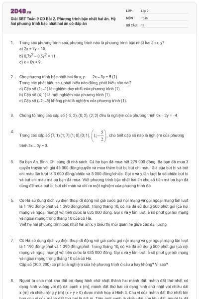 Giải SBT Toán 9 CD Bài 2. Phương trình bậc nhất hai ẩn. Hệ hai phương trình bậc nhất hai ẩn có đáp án