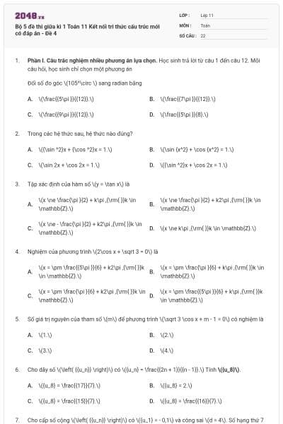 Bộ 5 đề thi giữa kì 1 Toán 11 Kết nối tri thức cấu trúc mới có đáp án - Đề 4