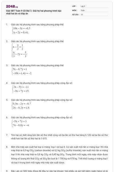 Giải SBT Toán 9 CD Bài 3. Giải hệ hai phương trình bậc nhất hai ẩn có đáp án