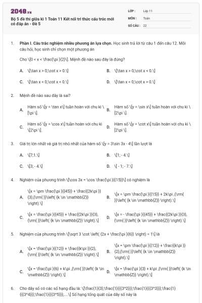 Bộ 5 đề thi giữa kì 1 Toán 11 Kết nối tri thức cấu trúc mới có đáp án - Đề 5