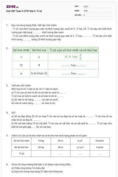 Giải VBT Toán 5 CTST Bài 5. Tỉ số