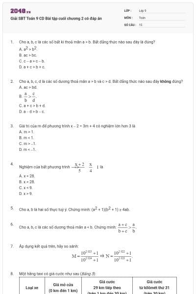 Giải SBT Toán 9 CD Bài tập cuối chương 2 có đáp án