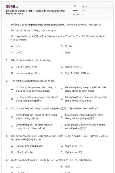 Bộ 5 đề thi Cuối kì 1 Toán 11 Kết nối tri thức cấu trúc mới có đáp án - Đề 4
