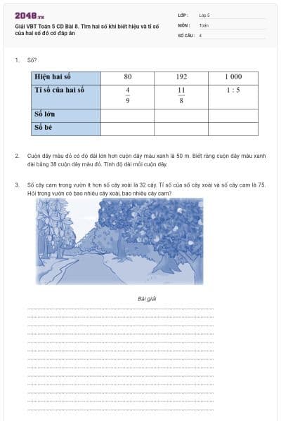 Giải VBT Toán 5 CD Bài 8. Tìm hai số khi biết hiệu và tỉ số của hai số đó có đáp án