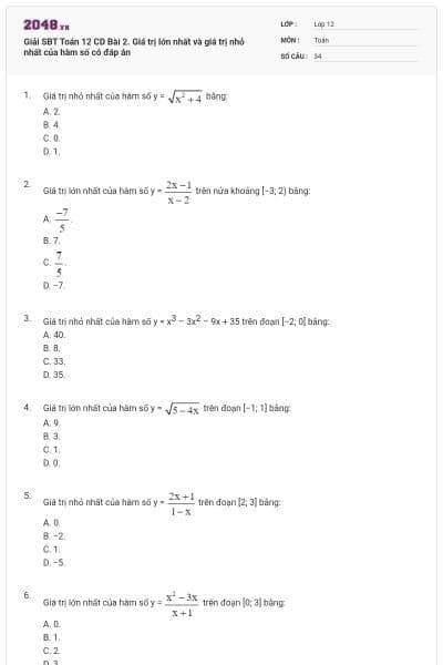 Giải SBT Toán 12 CD Bài 2. Giá trị lớn nhất và giá trị nhỏ nhất của hàm số có đáp án