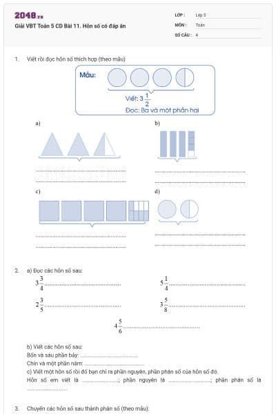 Giải VBT Toán 5 CD Bài 11. Hỗn số có đáp án