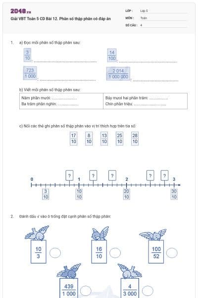 Giải VBT Toán 5 CD Bài 12. Phân số thập phân có đáp án