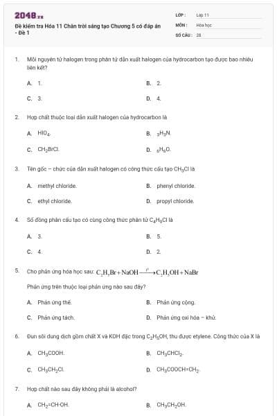 Đề kiểm tra Hóa 11 Chân trời sáng tạo Chương 5 có đáp án - Đề 1