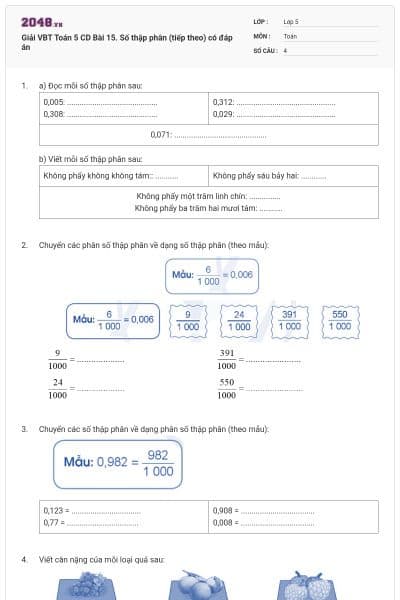 Giải VBT Toán 5 CD Bài 15. Số thập phân (tiếp theo) có đáp án