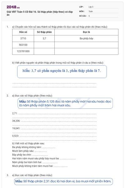 Giải VBT Toán 5 CD Bài 16. Số thập phân (tiếp theo) có đáp án