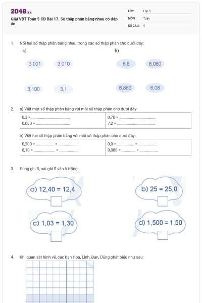 Giải VBT Toán 5 CD Bài 17. Số thập phân bằng nhau có đáp án