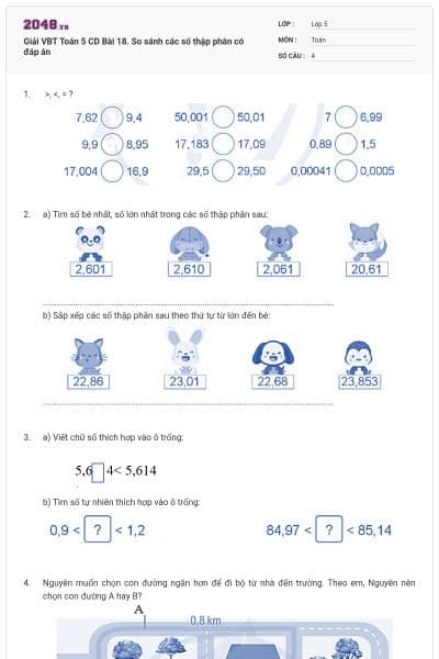 Giải VBT Toán 5 CD Bài 18. So sánh các số thập phân có đáp án