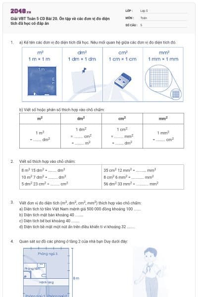 Giải VBT Toán 5 CD Bài 20. Ôn tập về các đơn vị đo diện tích đã học có đáp án