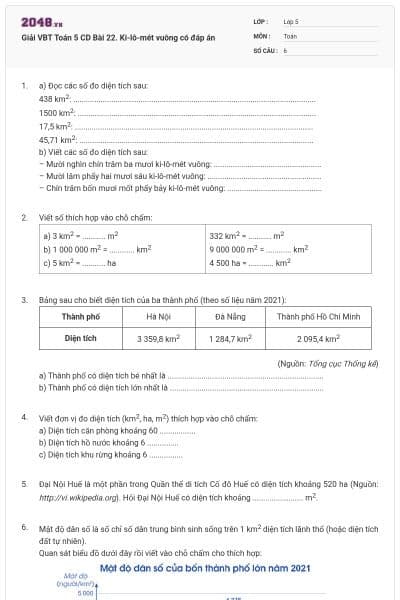 Giải VBT Toán 5 CD Bài 22. Ki-lô-mét vuông có đáp án