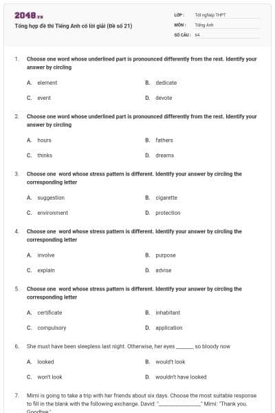 Tổng hợp đề thi Tiếng Anh có lời giải (Đề số 21)