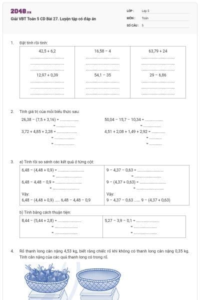 Giải VBT Toán 5 CD Bài 27. Luyện tập có đáp án