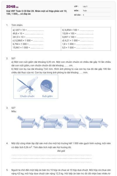 Giải VBT Toán 5 CD Bài 28. Nhân một số thập phân với 10, 100, 1 000,… có đáp án