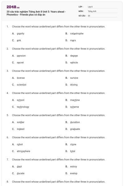 20 câu trắc nghiệm Tiếng Anh 8 Unit 5: Years ahead - Phonetics - Friends plus có đáp án