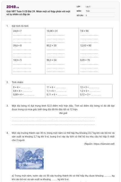 Giải VBT Toán 5 CD Bài 29. Nhân một số thập phân với một số tự nhiên có đáp án