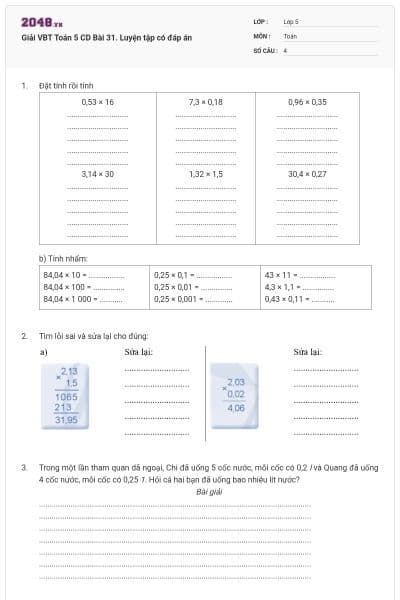 Giải VBT Toán 5 CD Bài 31. Luyện tập có đáp án