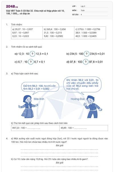 Giải VBT Toán 5 CD Bài 32. Chia một số thập phân với 10, 100, 1 000,… có đáp án