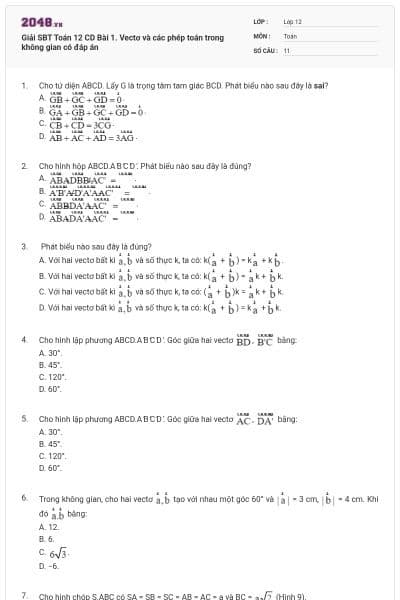 Giải SBT Toán 12 CD Bài 1. Vectơ và các phép toán trong không gian có đáp án