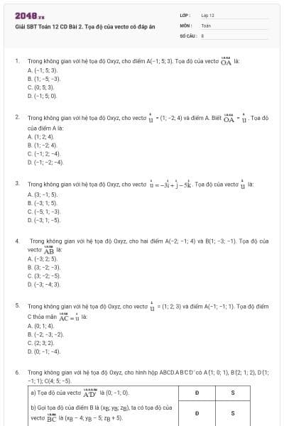 Giải SBT Toán 12 CD Bài 2. Tọa độ của vectơ có đáp án