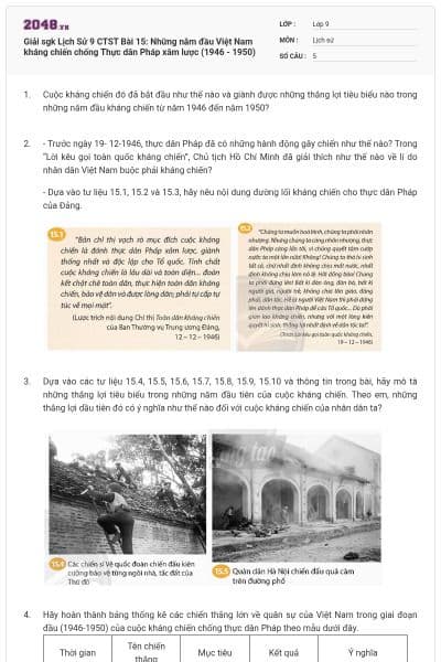 Giải sgk Lịch Sử 9 CTST Bài 15: Những năm đầu Việt Nam kháng chiến chống Thực dân Pháp xâm lược (1946 - 1950)