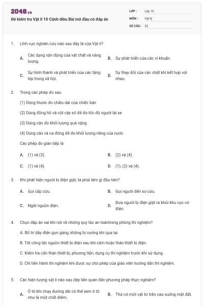 Đề kiểm tra Vật lí 10 Cánh diều Bài mở đầu có đáp án