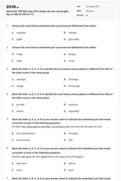 Đề thi thử THPTQG năm 2019 chuẩn cấu trúc của bộ giáo dục có đáp án (Đề số 17)