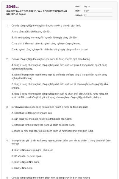 Giải SBT Địa lí 12 CD BÀI 13. VẤN ĐỂ PHÁT TRIỂN CÔNG NGHIỆP có đáp án