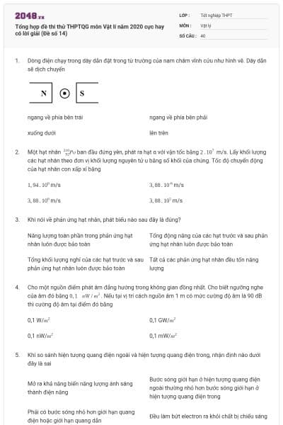 Tổng hợp đề thi thử THPTQG môn Vật lí năm 2020 cực hay có lời giải (Đề số 14)