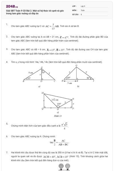 Giải SBT Toán 9 CD Bài 2. Một số hệ thức về cạnh và góc trong tam giác vuông có đáp án