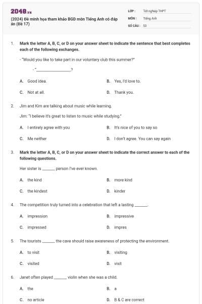 (2024) Đề minh họa tham khảo BGD môn Tiếng Anh có đáp án (Đề 17)