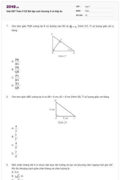 Giải SBT Toán 9 CD Bài tập cuối chương 4 có đáp án